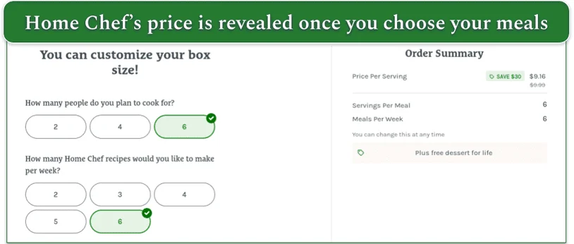Home Chef pricing for 6 meals for 6 people box