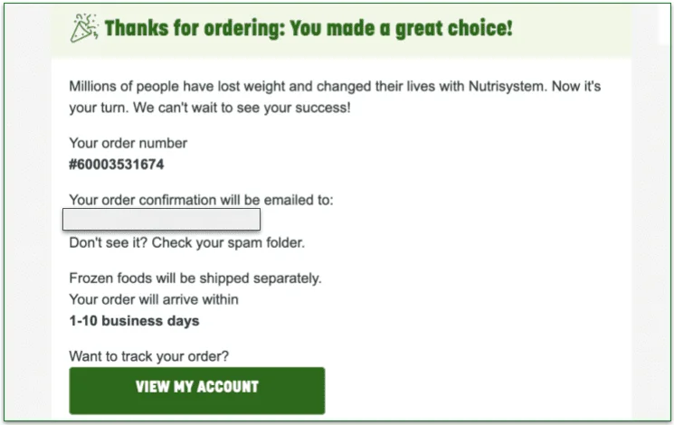 Screenshot of order confirmation email with a link to track your order in your account