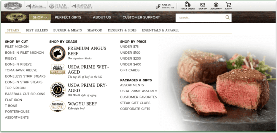 The Chicago Steak Company's menu