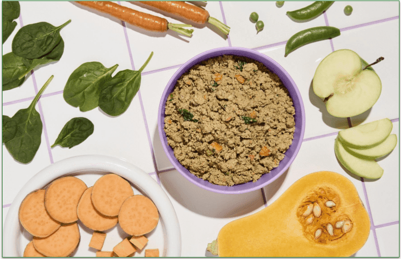 Ollie's Pork wet food in a bowl  surrounded by fresh ingredients