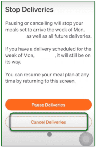 screenshot of Tovala app stop deliveries page with Cancel Deliveries highlighted