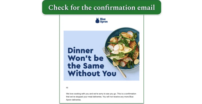 screenshot of blue apron's cancelation email