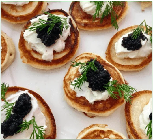 Caviar with Homemade Blini & Crème Fraîche, made at home