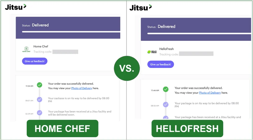 Comparison screengrab of Jitsu tracking screenshots for Home Chef and HelloFresh