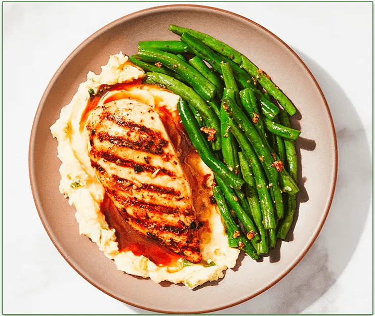 Roasted Garlic Chicken with Sour Cream and Onion Mashed Potatoes and Green Beans by Factor