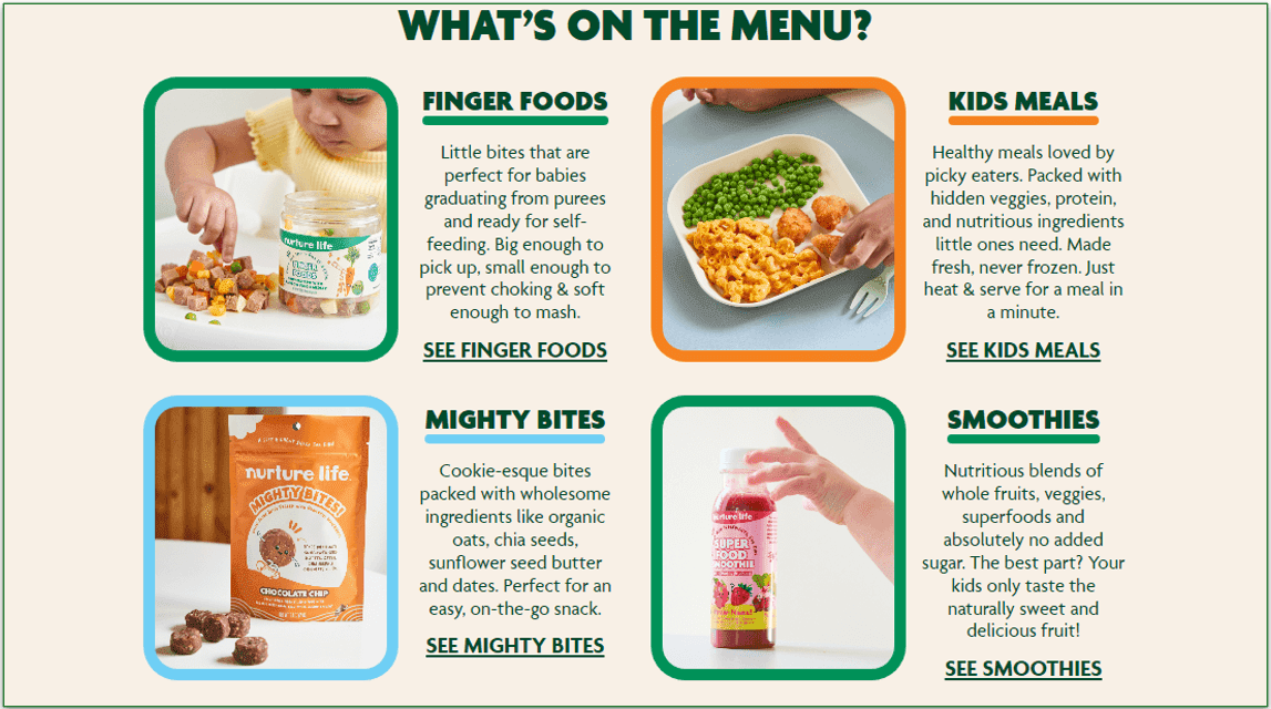 Some of the products on the Nurture Life menu