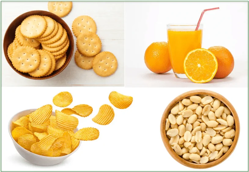 collage of foods to avoid after tonsillectomy. Top left: crackers. Top right: orange juice. Bottom left: potato chips. Bottom right: peanuts