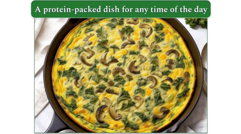 Kale and Mushroom frittata in a skillet