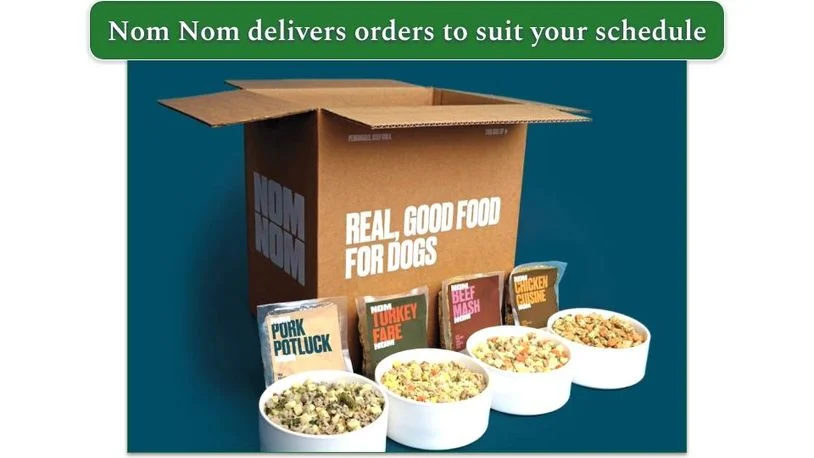 Nom Nom delivery box with 4 recipe packs and bowls of dog food