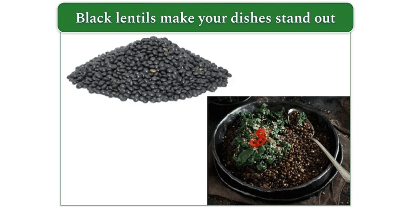 Top: Black lentils in a pile. Bottom: Black lentil and spinach stew