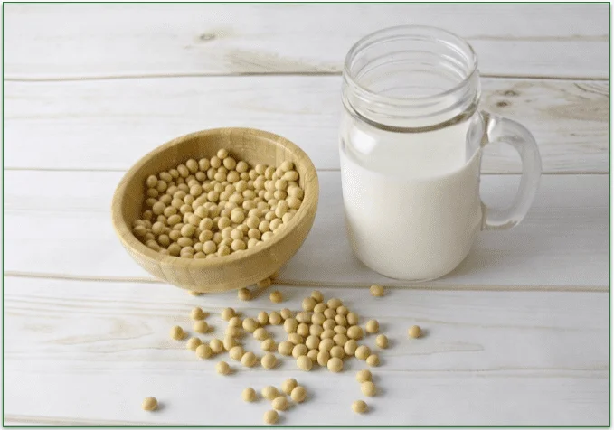 A cup of soy milk next to a bowl of soy beans