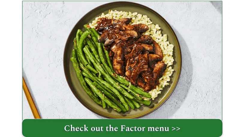 A plate of risotto topped with mushroom marsala and a side of roasted green beans