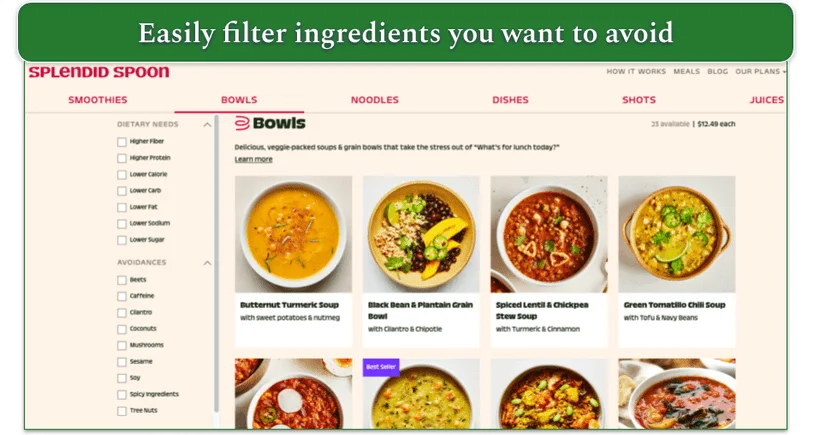 Screenshot of Splendid Spoon’s menu