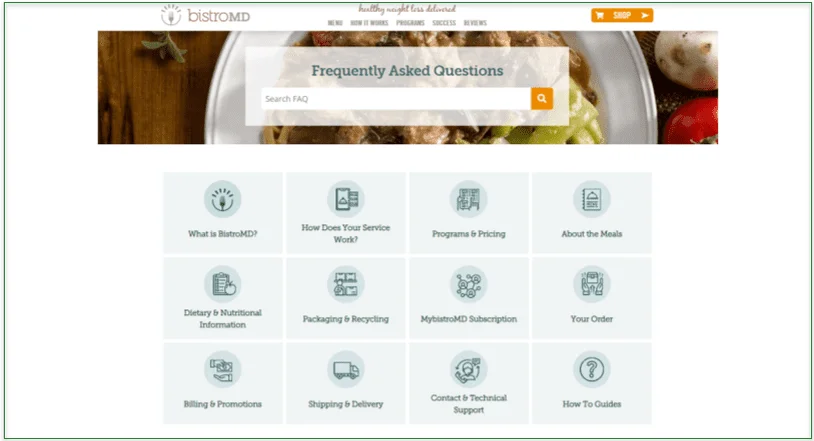 Screenshot of BistroMD's FAQ page with a search bar and categories to choose from