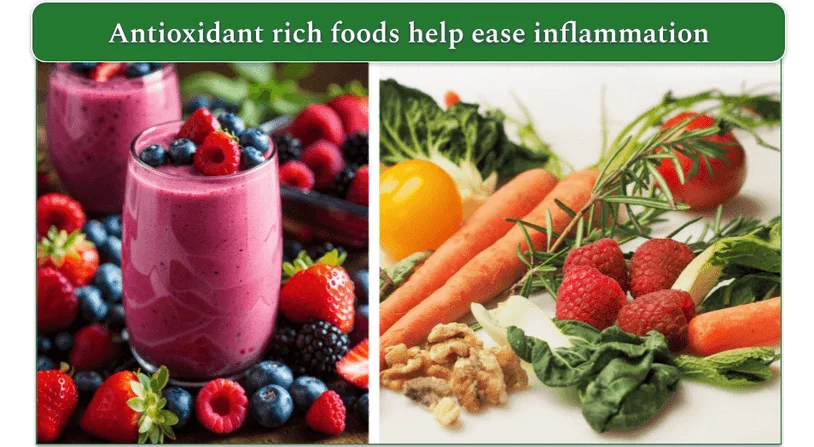 A mixed berry smoothie and a range of colorful vegetables