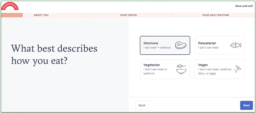 A screen from Hungryroot's questionnaire
