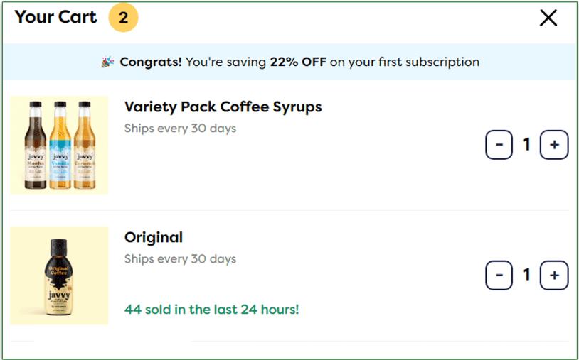 Selected items shown in cart with quantities