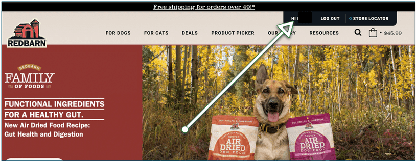 Redbarn's homepage with an arrow pointing to the button to click