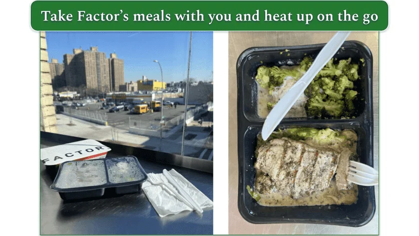 Photo of a Factor prepared meal in its tray after heating on a desk overlooking Brooklyn next to a photo of the meal with plastic cutlery ready to eat