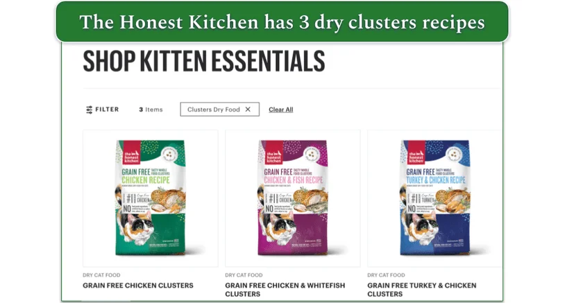 screenshot of The Honest Kitchen Kitten Essentials menu with 3 dry food clusters recipes