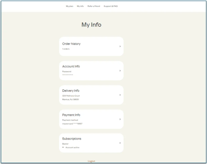 Your account page is streamlined