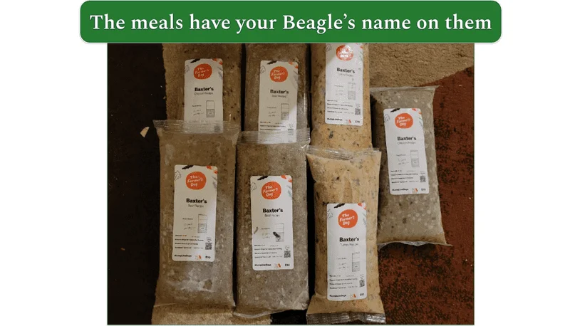 Seven packed dog food with pets name on it