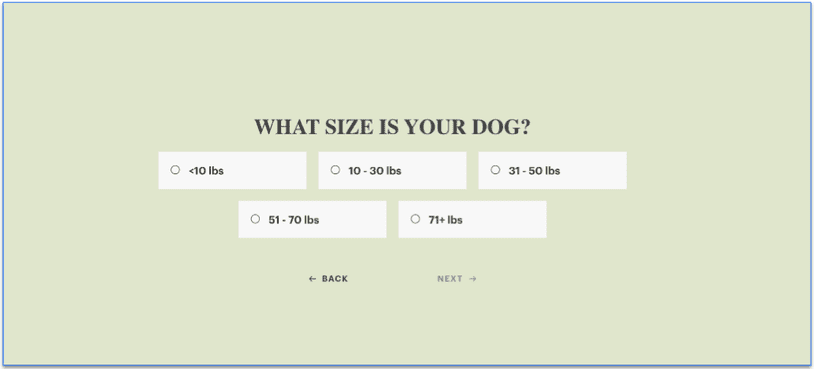 Screenshot of The Honest Kitchen’s quiz screen What Size is Your Dog