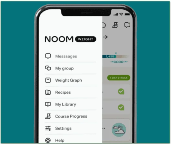 Noom's app menu displayed on a mobile