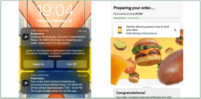 mobile screenshots of Postmates' delivery tracking with push notifications and via the app