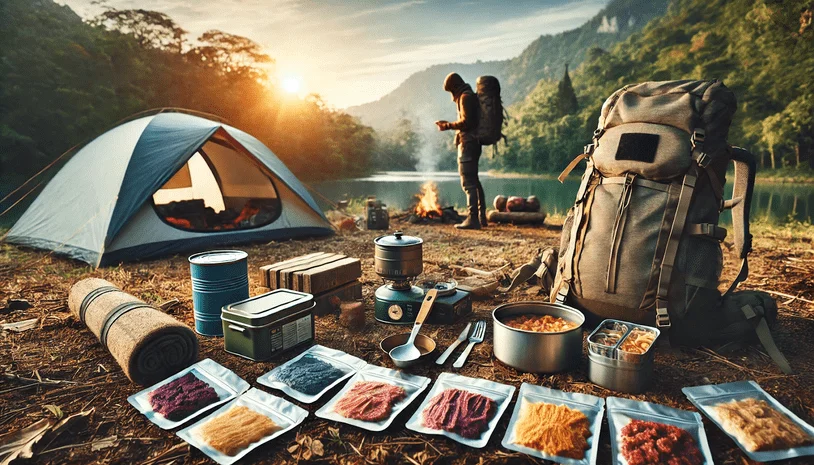 Variety of foods packed in individual bags set out next to a backpack. A tent, lake, hiker, and trees are in the background.
