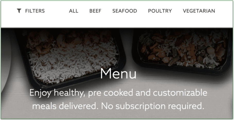 a screenshot of mealpro's menu filtering options