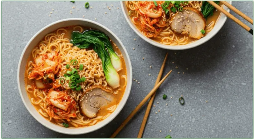 Spicy kimchi ramen bowls with tender pork, noodles, and flavorful broth.