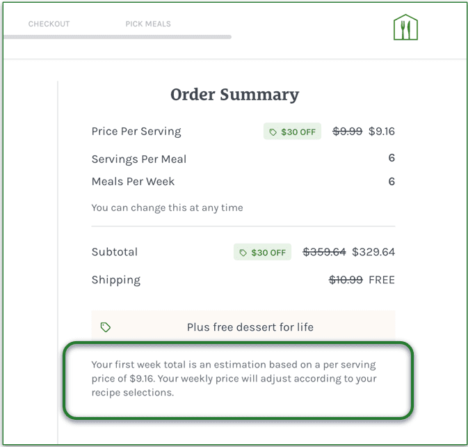 Home Chef initially uses estimated per-serving prices