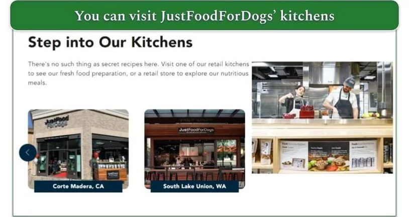 Image of 2  f the JustFoodForDogs' kitchens and some chefs preparing the meals