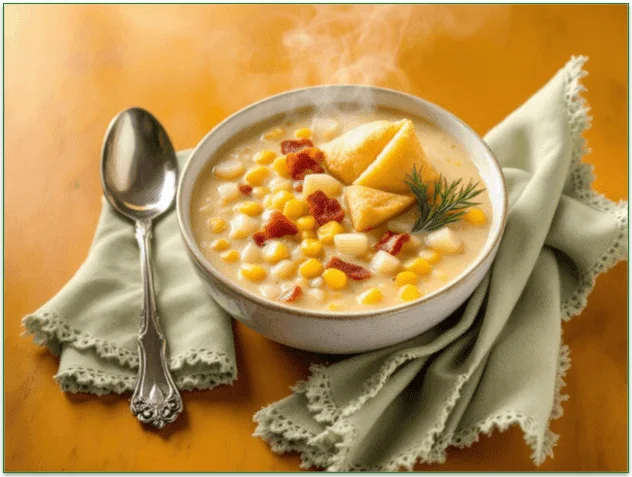 A bowl of Corn Chowder with Dumplings, ready to enjoy.