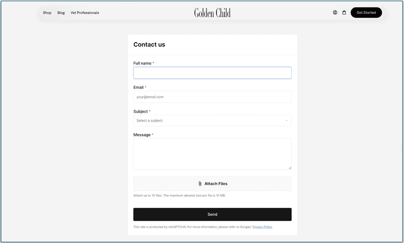 screenshot of golden child's contact us form