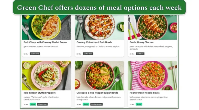 Screenshot showing a sample of Green Chef's menu