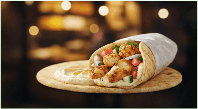 A chicken shawarma wrap on a pita beside some hummus.