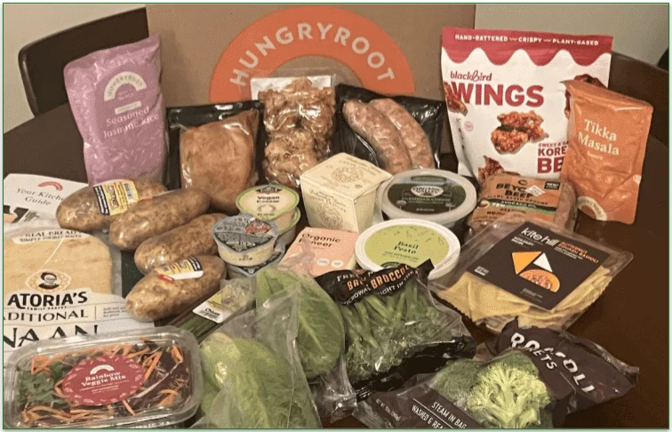 Contents of a Hungryroot delivery box displayed in front of the box