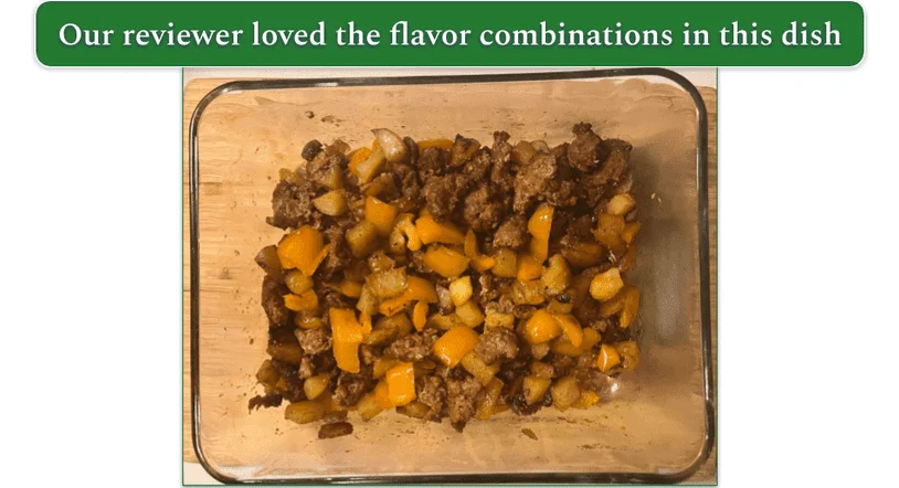 Chorizo and fig bake in an oven safe dish as prepared by our reviewer