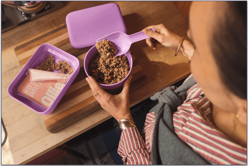 A person scooping Ollie's fresh beef meal into a bowl from a container