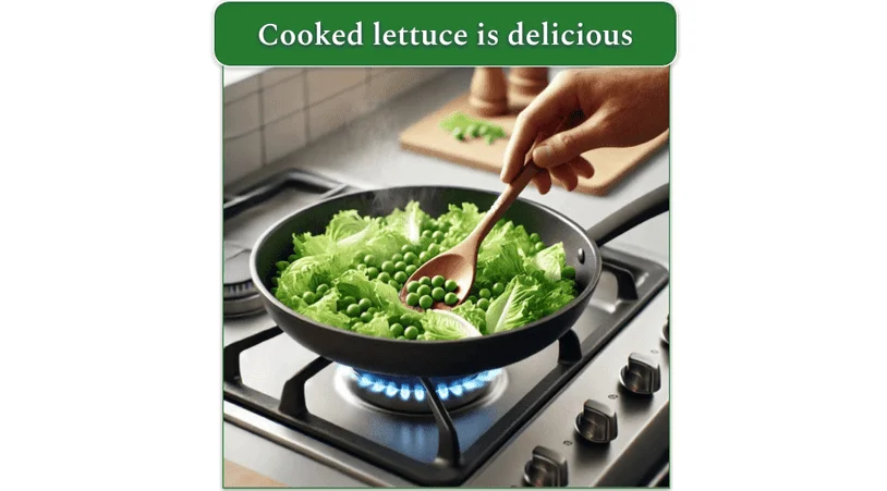 Lettuce and peas, in a pan, on the stove