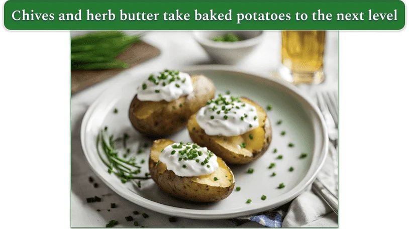 a plate of Herb-Buttered Baked Potatoes with Freshly Chopped Chives