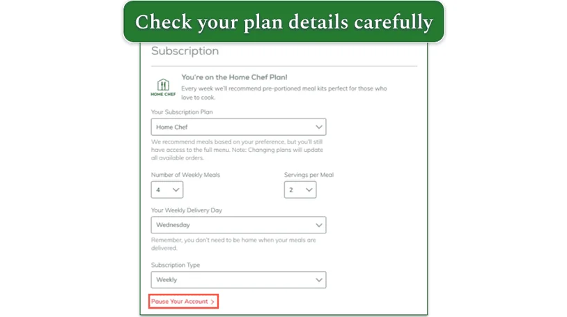 Home Chef's Subscription screen shot