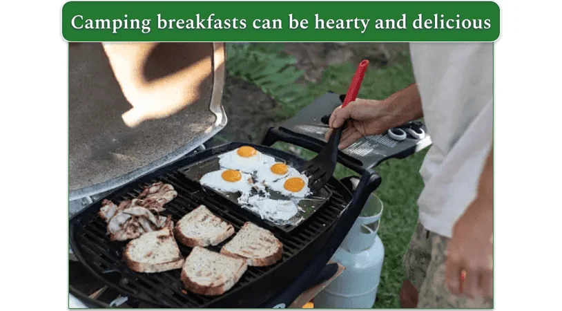 image of fried eggs, bread, and bacon being cooked on BBQ at a campsite
