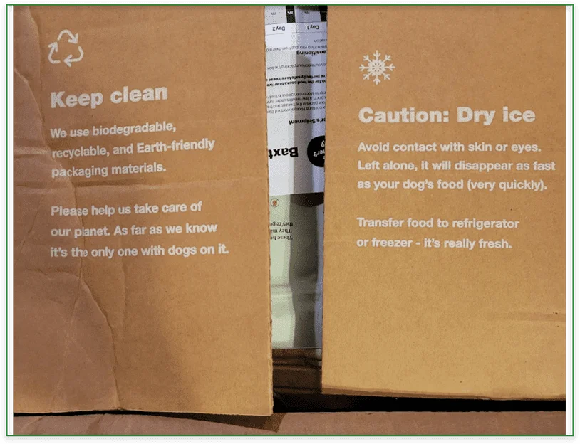 Photo of The Farmer's Dog cardboard delivery box with recycling and storage information clearly printed on the box flaps