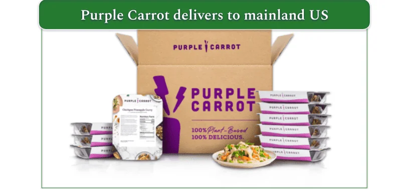 Image of a Purple Carrot delivery box and prepared meals piled next to the box with a meal served on a plate