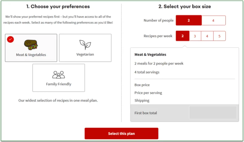 Chefs Plate plan sign up screen