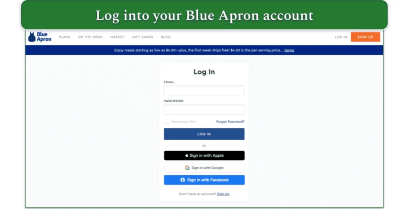 screenshot of blue apron's log in screen
