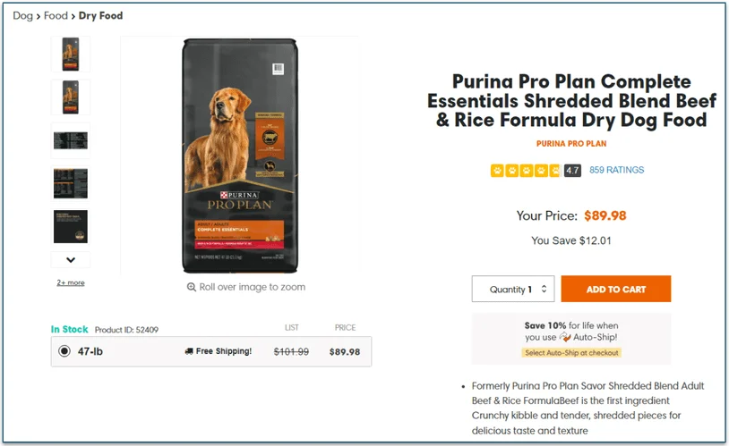 Pricing for Purina dog food from PetFlow with 10% off for autoship orders